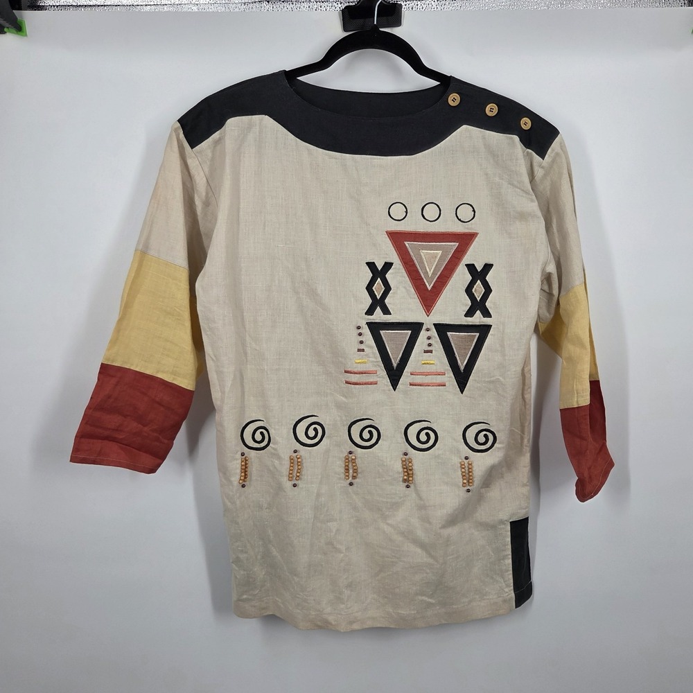 VTG Premiere Shirt Multicolor Color Block V Neck Wearable Art S Cotton Linen